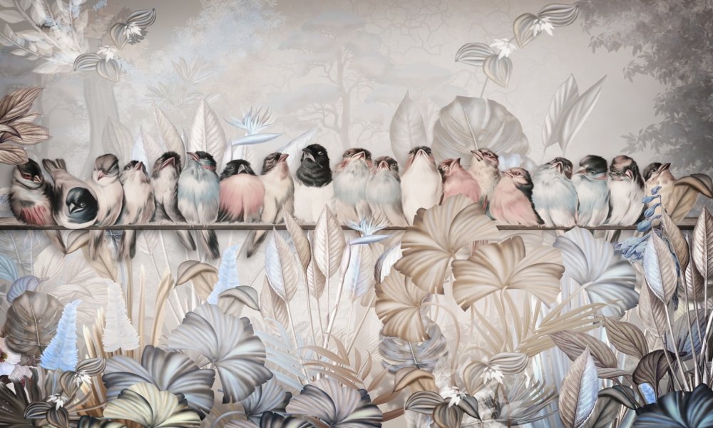 Птицы на ветке в тропическом лесу 1