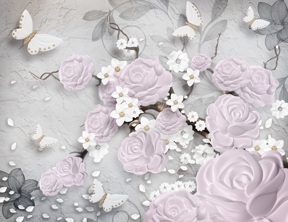 Розы и бабочки на сером фоне
