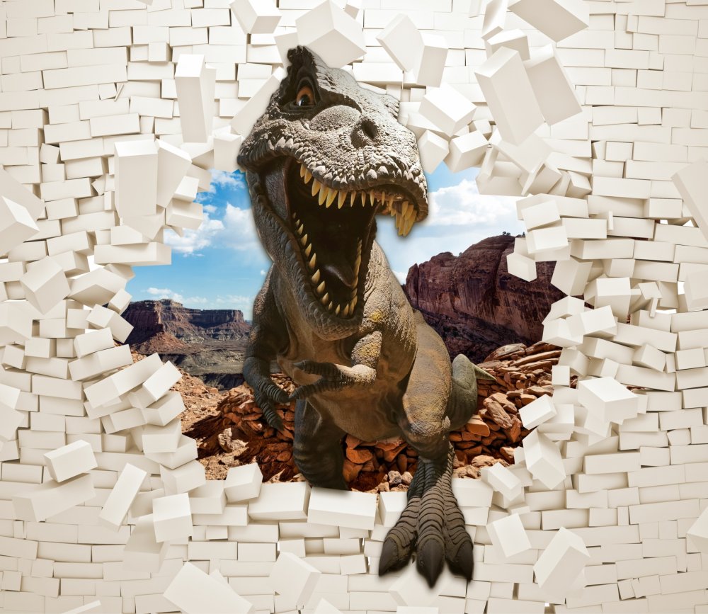 Динозавр 3d на фоне кирпичной стены 1