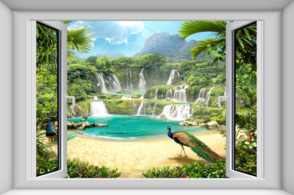 Вид из окна на водопад с павлинами
