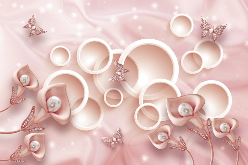 Цветы и бабочки на розовом фоне