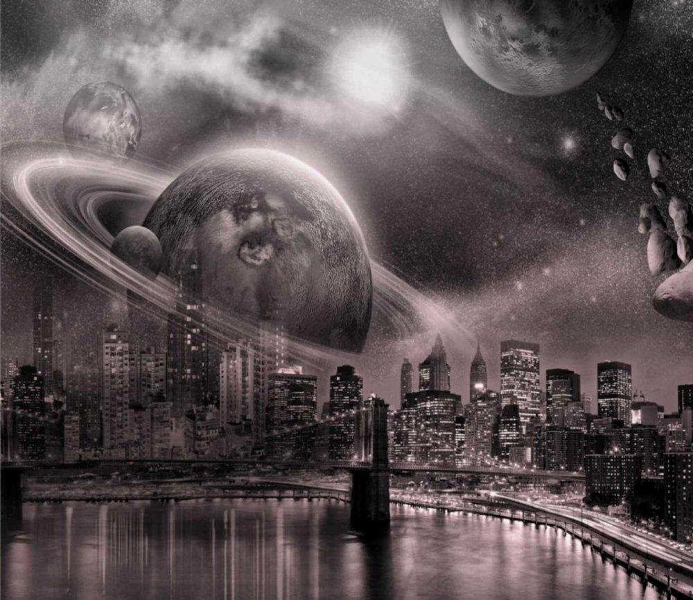 Ночной город с планетами 1