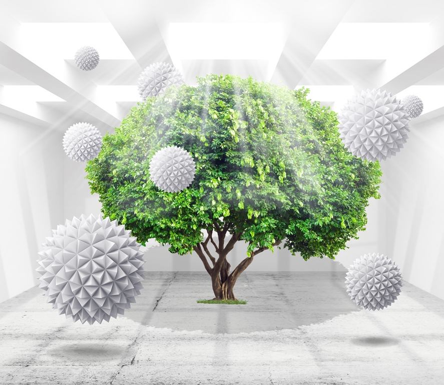 Комната с деревом и шарами