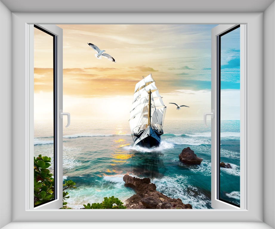 Вид из окна на парусник в море