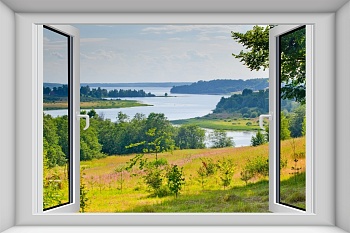 Вид из окна летний пейзаж с речкой