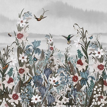 Цветы, птицы и бабочки на сером фоне