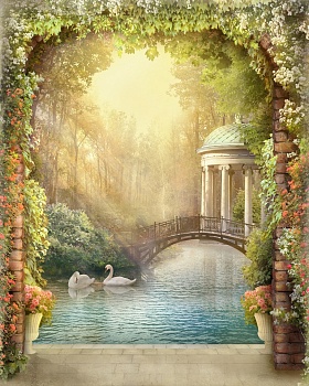 Пруд с ротондой и лебедями