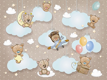 Мишки на облаках на бежевом фоне 1