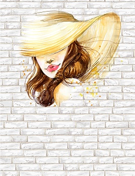 Девушка в шляпе на фоне кирпичной стены 1